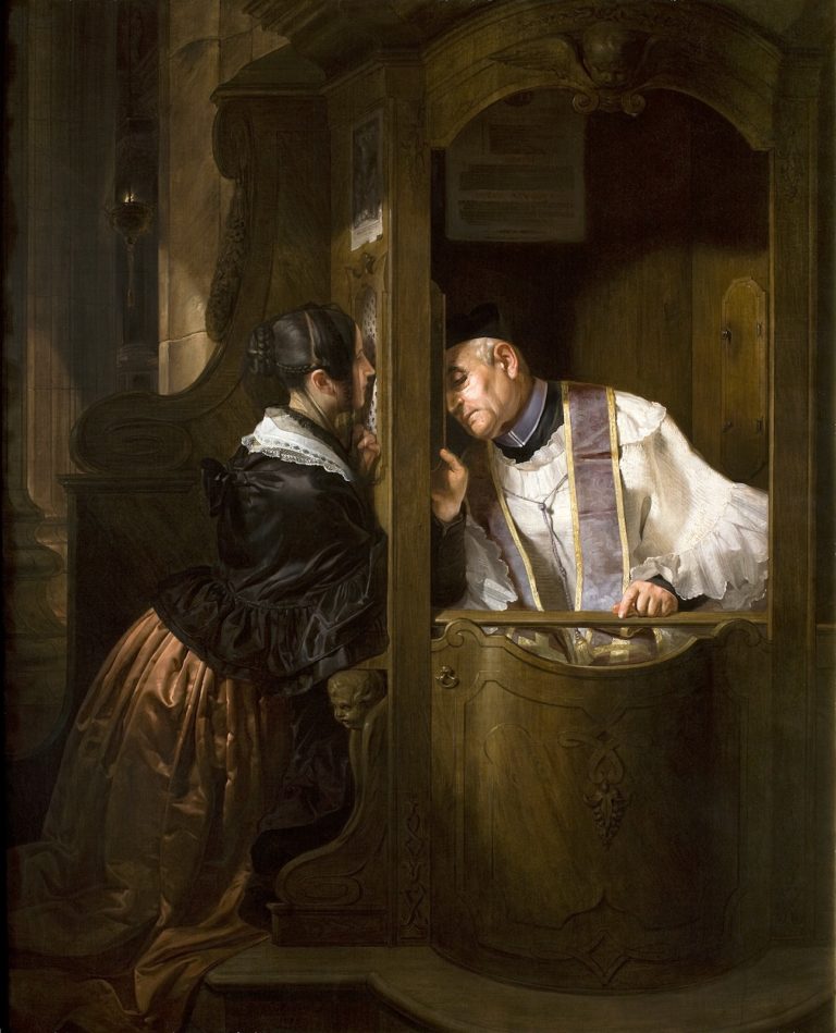 La Confession par Giuseppe Molteni (1800–1867) Huile sur toile, Gallerie di Piaza Scala