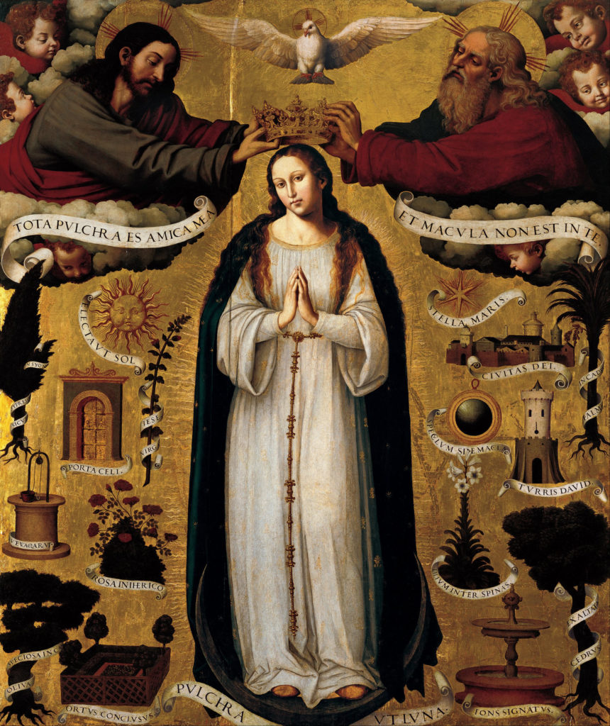 Joan de Joanes († 1579), L'Immaculée Conception. - Les symboles des litanies entourent la Vierge.